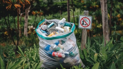 Overfull garbage bag overflowing with various discarded items in a garden setting.
