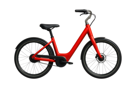 Electric step-through bike with a bright red frame and swept-back handlebars