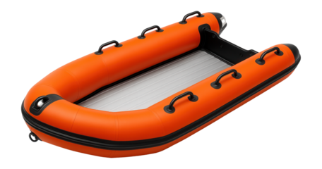 Inflatable rescue boat with bright orange pontoons and mounted emergency lights