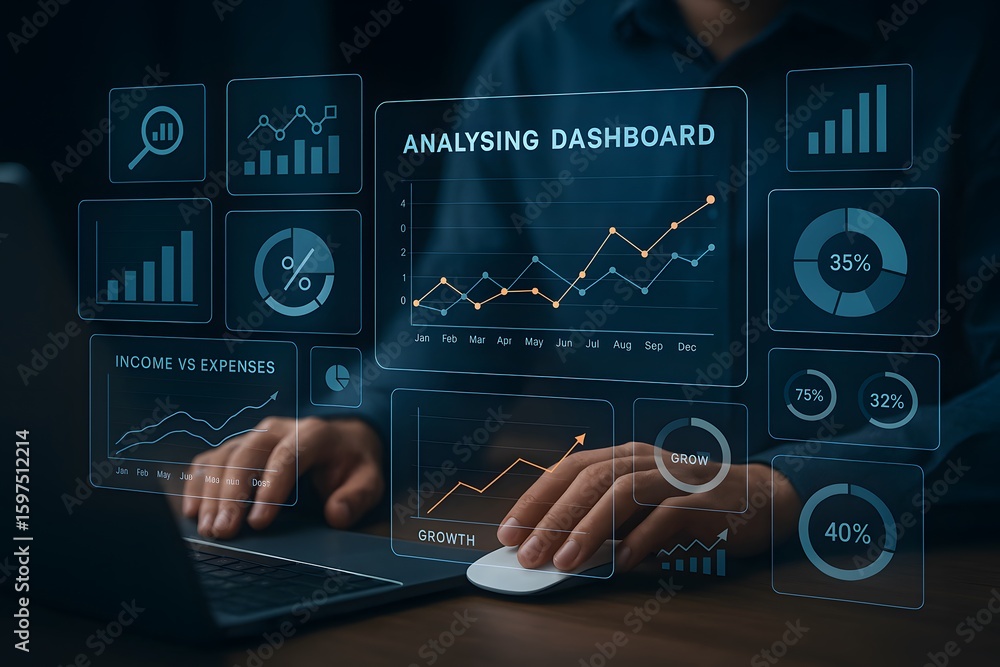 Poster futuristic data dashboard with interactive digital charts showing growth, income versus expenses, an