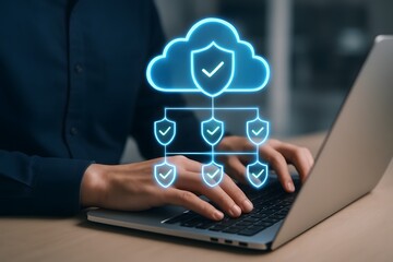 Secure cloud computing concept with glowing shield and check mark icons showing protected data access and digital storage on laptop screen