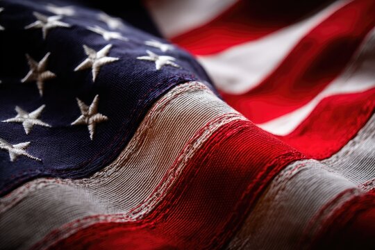Close-up of an American flag, displaying texture and folds