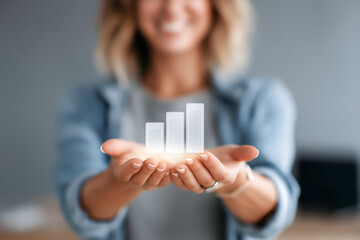 Businesswoman holding transparent bar graph in hands, symbolizing growth and success, with a blurred office background, showcasing modern professional environment and digital innovation