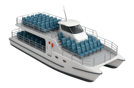 High-capacity passenger catamaran with tiered seating and multiple emergency exits