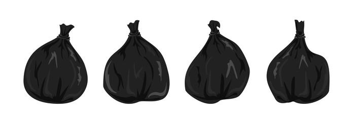 Four black garbage bags containing trash are ready for disposal