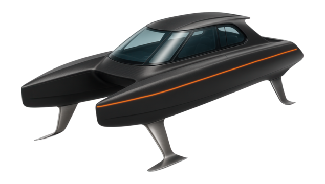 Futuristic catamaran with glass-enclosed cabin and hydrofoil technology