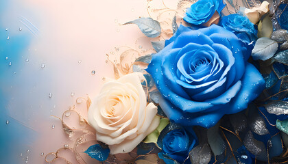 A beautiful arrangement of blue and white roses with decorative elements and droplets.