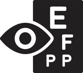 Silhouette vector of vision test icon featuring eye chart symbol for optometry, eyesight exam, and eye care.
