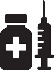 Silhouette vector of vaccination bottle and syringe icon representing immunization, medical injection, and health care.