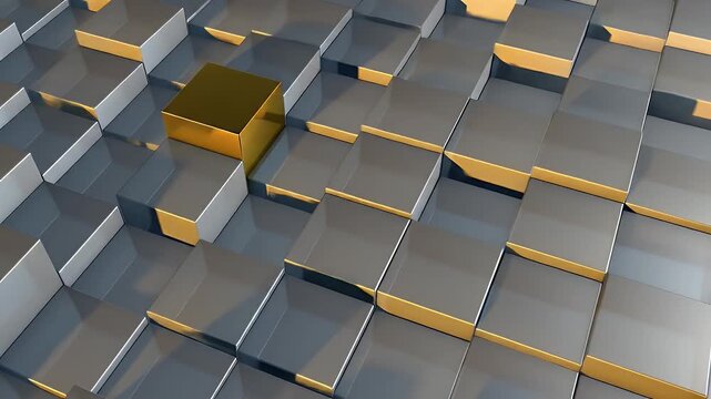 Array of gray cubes with golden borders one golden cube stands out Uniform lighting