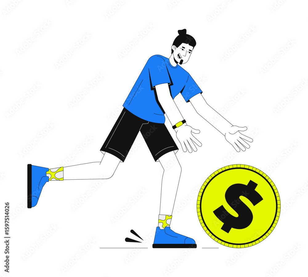 Poster running to get discount 2d onboarding ui illustration. man chasing rolling dollar coin. earning rewa