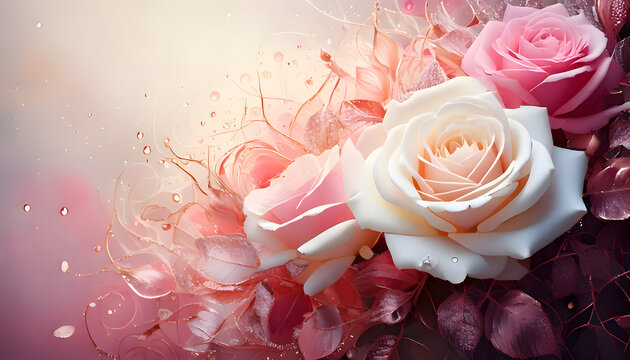 A beautiful arrangement of pink and white roses with delicate leaves and droplets.