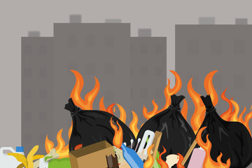 Burning garbage bags polluting a city with smoke and flames