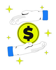 Payment processing 2D onboarding ui illustration. Hands exchanging dollar coin twinkles. Financial care, investment, savings protection cartoon concept isolated on white. Flat abstract vector metaphor
