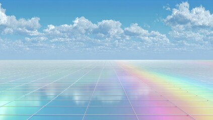 Pastel grid floor, rainbow path,  clear sky