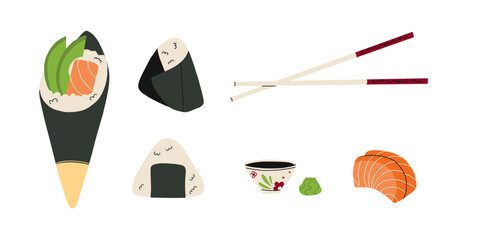 Temaki and kimpab. Asian food. Salmon and rice with avocado wrapped in seaweed. Snack Japanese Korean cuisine. Sushi roll and triangle, vector cartoon flat style isolated illustration