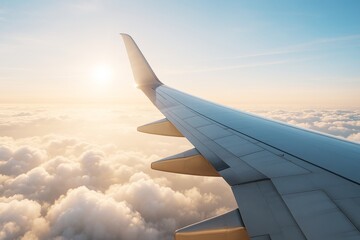 Obraz premium Airplane wing over clouds during golden sunrise with soft light and pastel sky background capturing peaceful transport and travel atmosphere.