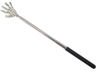 A metal back scratcher in the form of a hand