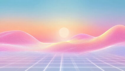 Pastel digital landscape with gridded floor and soft hills