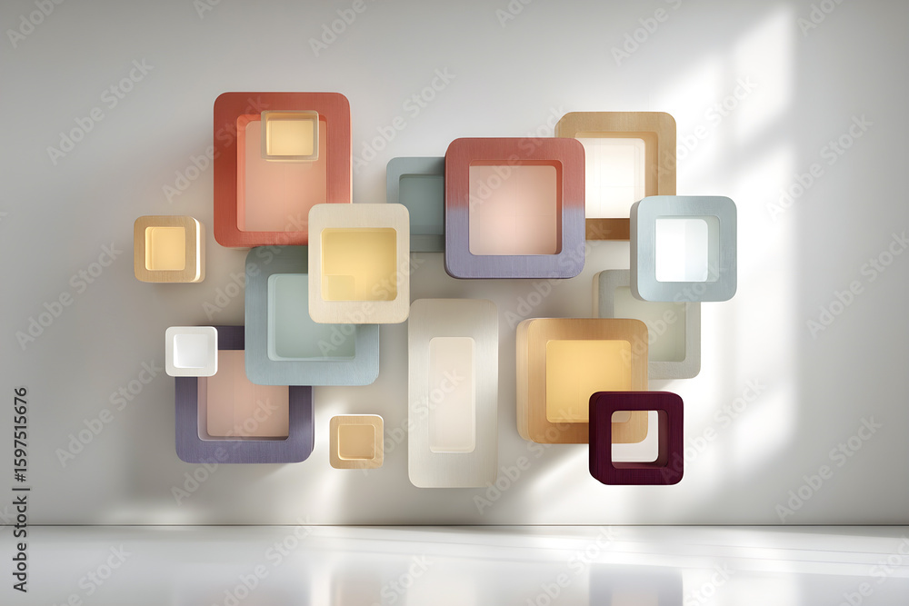 Poster colorful geometric wall art featuring various square frames in soft pastel shades, creating a modern