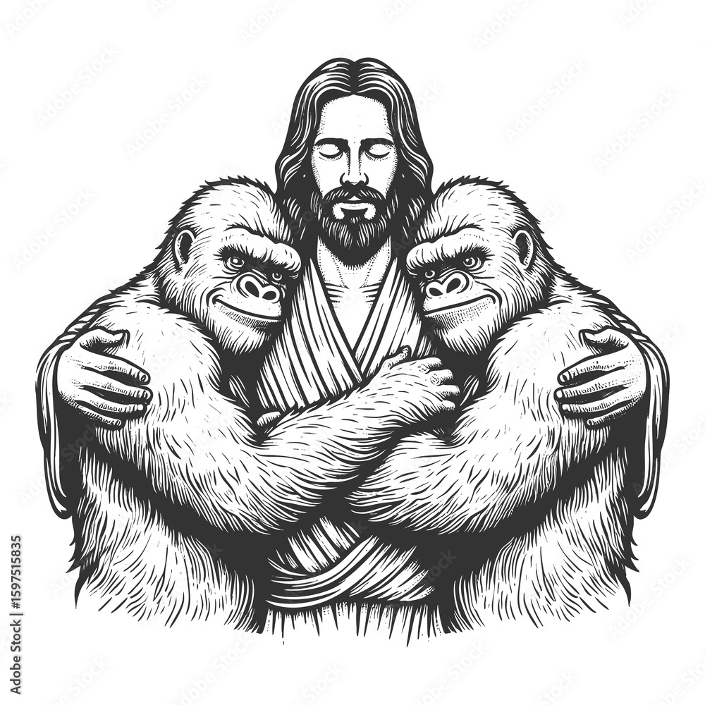 Poster jesus christ with closed eyes, peacefully embracing two gorillas in a symbolic gesture of unity sket