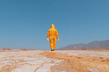 Brightly dressed figure walks across an arid landscape under cle
