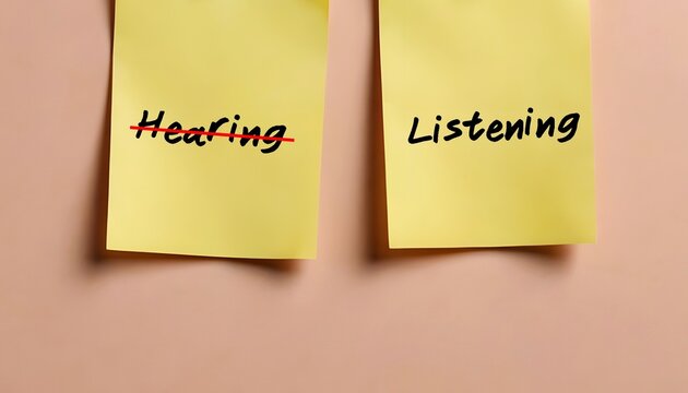 Two paper notes written HEARING crossed off to LISTENING, concept of active listening - choose to listen than just to hear - pay more attention and understand meaning behind the words
