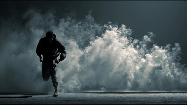 a person running away from a smoke monster, 2d jump and run camera style, photorealistic, monochromatic, dark background, dystopian

