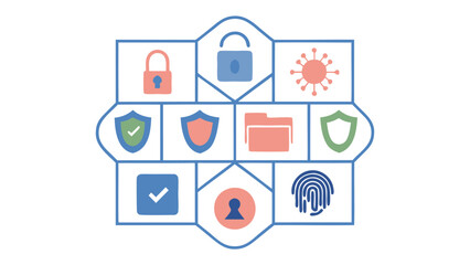 Fototapeta premium security and protection symbols including locks shields and a virus icon in a grid layout