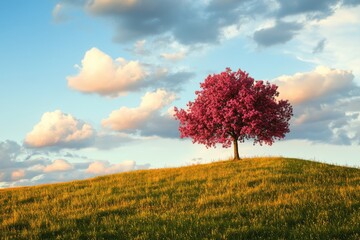 Solitary Pink Tree Blooming on Hilltop Against Blue Sky with Soft Clouds Painting a Peaceful Scene