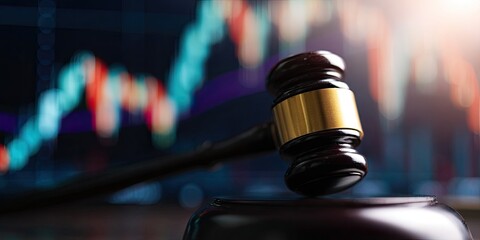 Gavel on a stand, with blurred stock market graphs