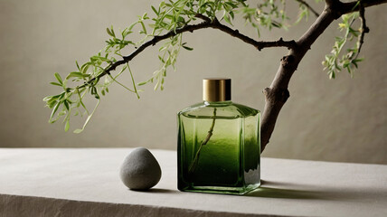 Green perfume bottle with natural elements