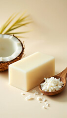 Bar of creamy, white coconut oil-based soap, placed next to a rustic wooden spoon holding a small amount of shredded coconut.