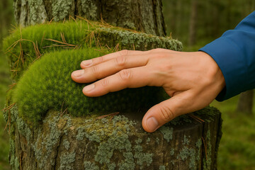 Hand gently touching a patch of vibrant green moss growing on a tree trunk in the forest.