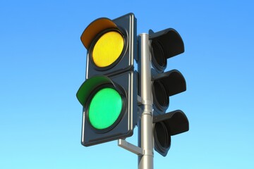 Traffic light with a green light is standing in front of a snowy mountain. Yellow traffic light with a green signal illuminated set against a clear blue sky, 3D Rendering.