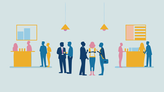 people networking at a business event with bar tables and hanging lights in a room setting