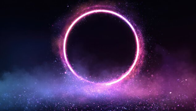 Circular neon glow, dark background, abstract