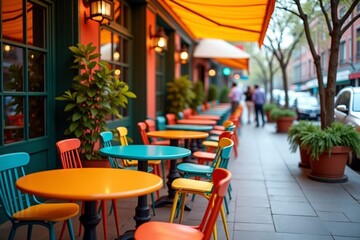 A vibrant outdoor café with colorful tables and urban views, styled for hospitality or lifestyle ads