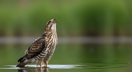 Fototapeta premium A brown and white hawk standing in shallow water with its beak open against a green background