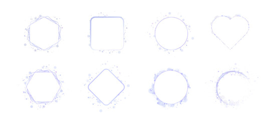 Set of glowing geometric frames with soft glow and dust particles. Circles, heart, hexagons, rhombus and square - for cosmetics, packaging and interfaces on white background.