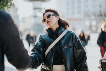 Obraz premium A stylish individual wearing sunglasses and a leather jacket interacting outdoors on a sunny day.