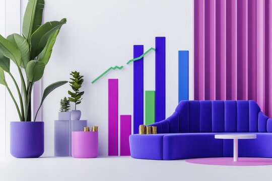 Purple couch is surrounded by a gold and green plant and two vases. Vibrant bar chart in purple pink and blue with coins and a green trend line accompanied on white background, 3D rendering.