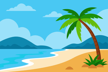 Obraz premium Tropical beach scene with palm tree and blue ocean waves