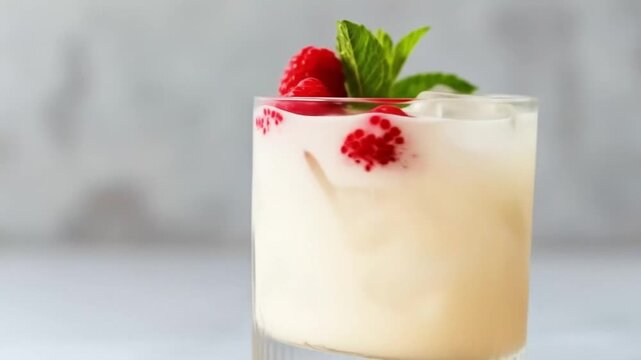 A glass of creamy, light-colored drink is garnished with raspberries and a sprig of mint.
