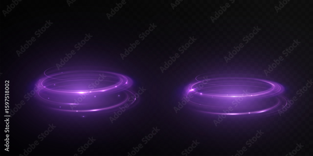 Poster futuristic purple light circles in the form of a portal or podium. shining neon glow on transparent 