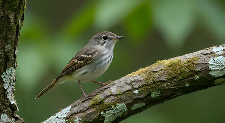 A small bird with brown and white feathers perched on a mossy branch in a natural setting outdoors