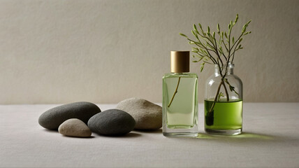 Light green bottles and stones on gray surface