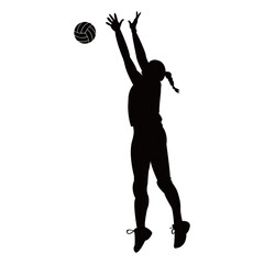 Silhouette illustration of a female volleyball player on a white background.