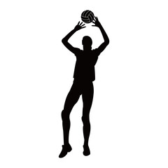 Silhouette illustration of a female volleyball player on a white background.