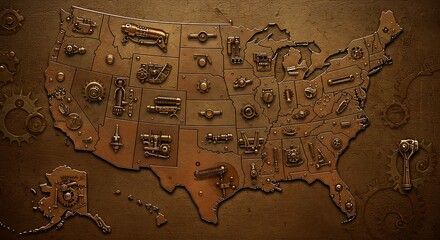 Steampunk-styled map of the USA, adorned with intricate metallic state emblems.